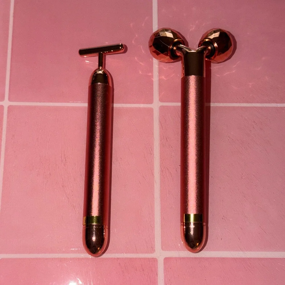 Rose Gold 2pc Vibrating Facial Roller Set T-Bar and 3D V-Shaped Massager